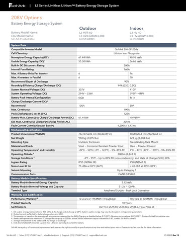 Sol-Ark L3-HV-40KWH 40 kW Limitless Series, Indoor Battery Energy Storage System