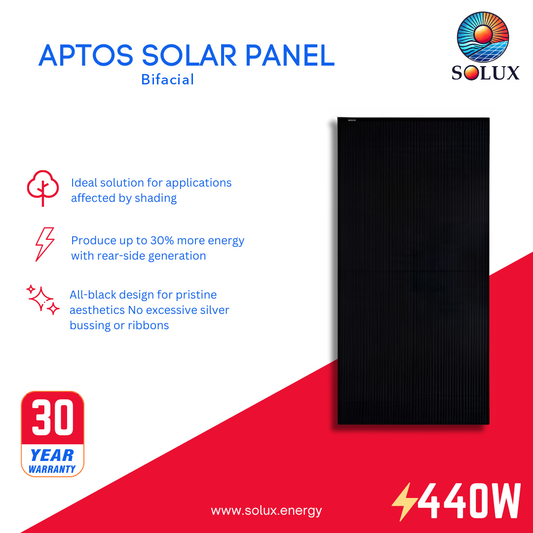 This is an image of Aptos Solar DNA-120-MF10-440 440Watt 120 1/2 Cells All Black Bifacial Solar Panels