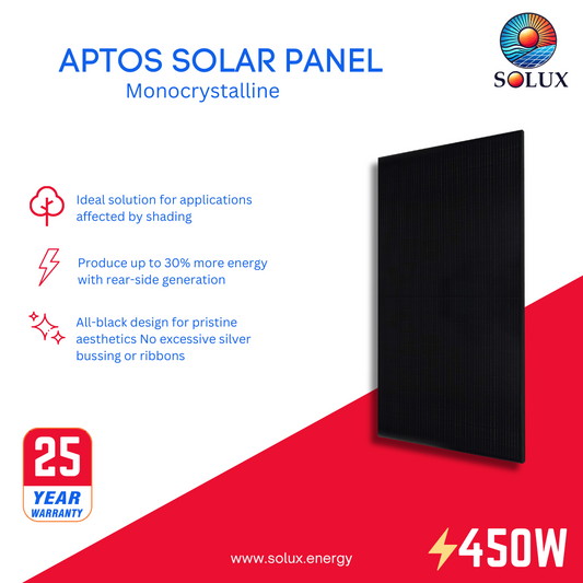 This is an image of Aptos Solar DNA 120 MF10 440w 120 1/2 Cells All Black Bifacial Solar Panel