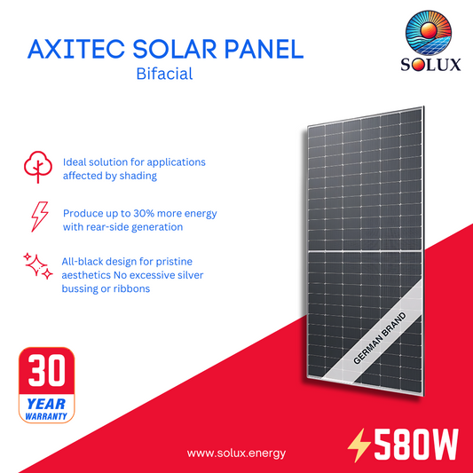 This is an image of Axitec 580Watt 144 Cell Bifacial Silver Frame Solar Panels