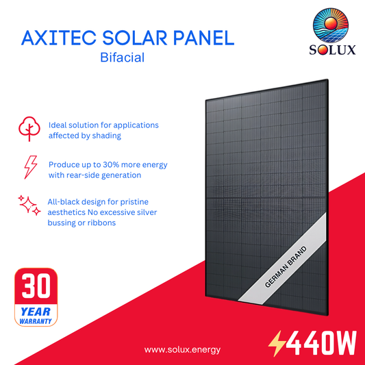 This is an image of Axitec Solar 440Watt Half-Cell Bifacial Solar Panel AC-440TGB/108BB