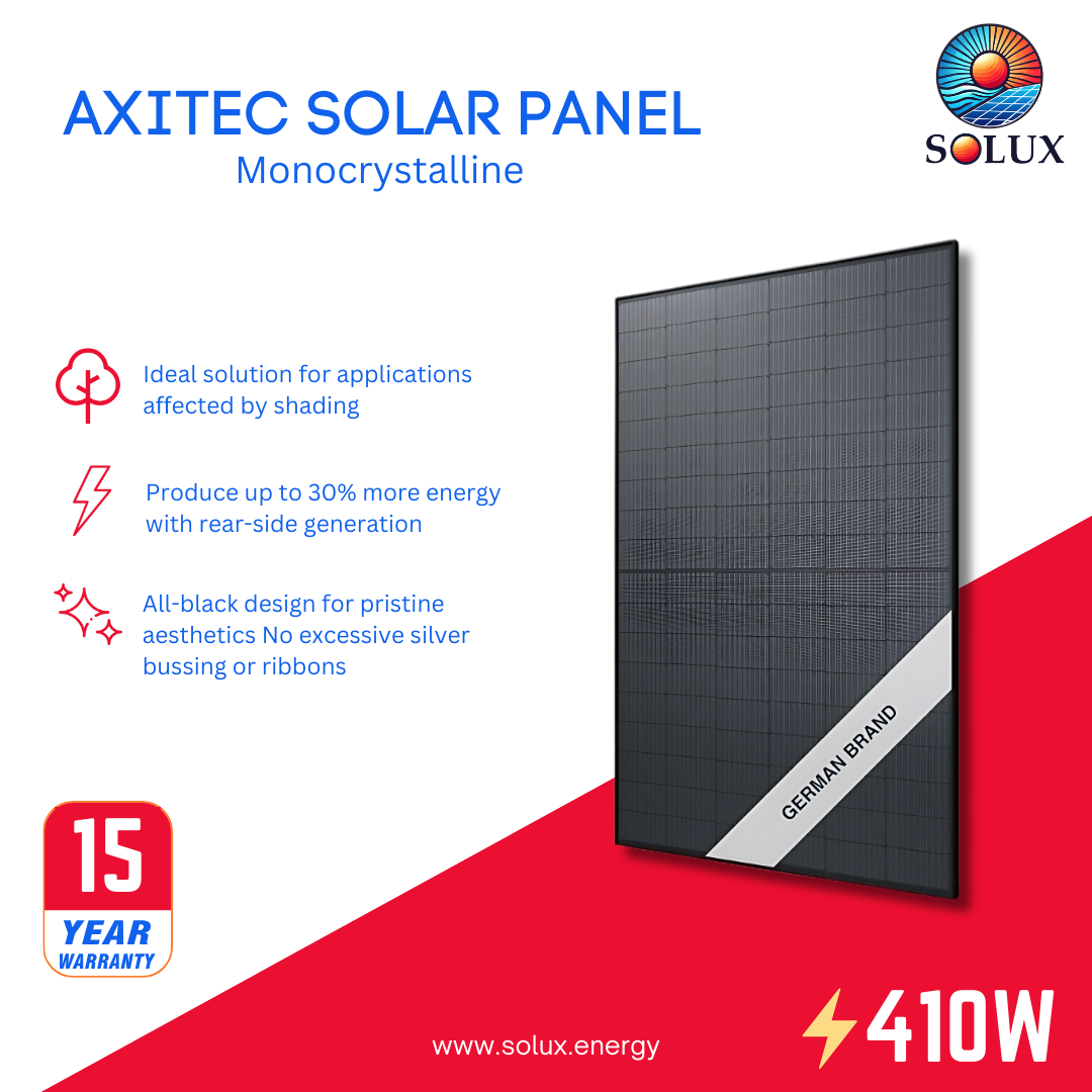 This is an image of Axitec 410 Watt 108 Half-Cell Bifacial Solar Panel