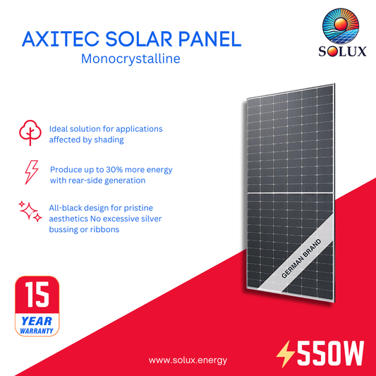 This is an image of Axitec 550Watt 144 Cell Bifacial Solar Panels