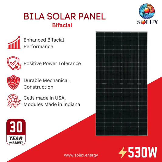 Bila Solar Panel Bifacial 530W solar panel by Solux, shown as a rectangular black panel on a white and red promotional graphic with feature icons and a 30-year warranty badge.