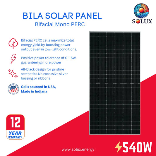 Bilas Mono PERC Bifacial 540W Solar Panel graphic with "Made in Indiana" and 12-year warranty badges.