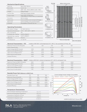 Technical datasheet for the AA-540US-6x24GG 540 watt solar panel, highlighting its US-made cells and Indiana manufacturing.