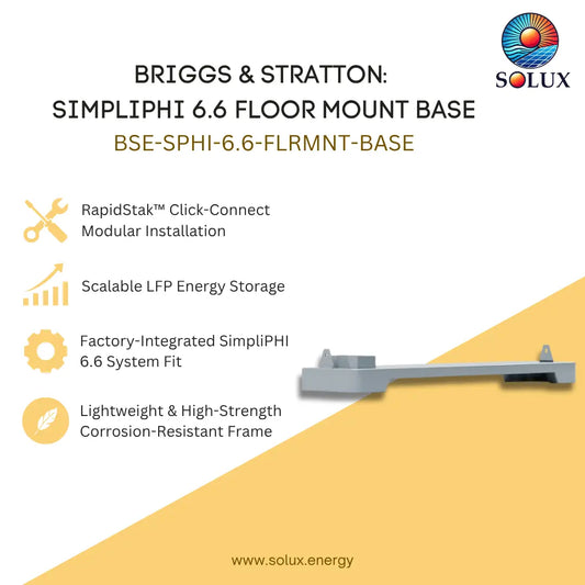 Promotional graphic for the Briggs & Stratton Simpliphi 6.6 Floor Mount Base by Solux Energy, showing the metal base unit on a white and yellow background with feature callouts and the Solux logo.