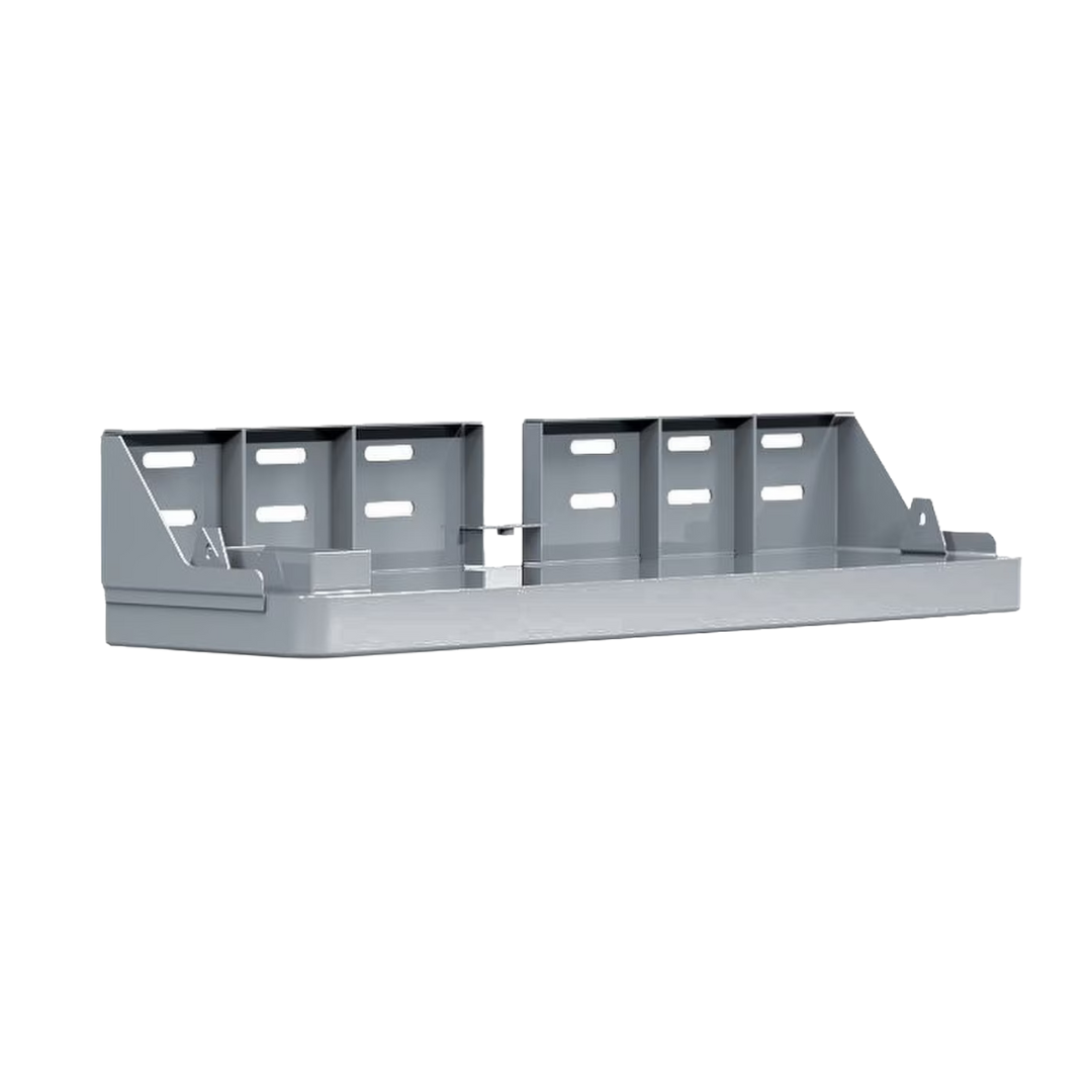 Metal shelf with multiple compartments on a white background