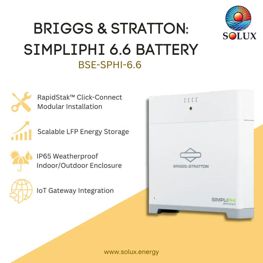 Promotional graphic for the Briggs & Stratton Simplipi 6.6 battery system, showing a white rectangular battery unit on a white and yellow background with feature callouts and the Solux logo.