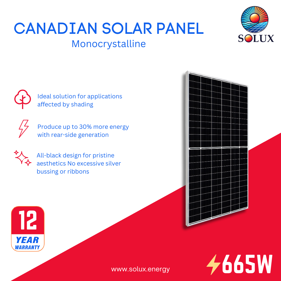 This is an image of Canadian Solar Panels For Sale- 665 Watt Silver Frame