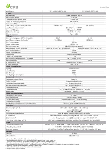 Technical specifications table for a CPS product Chint Power SCA50KTL-DO/US-480