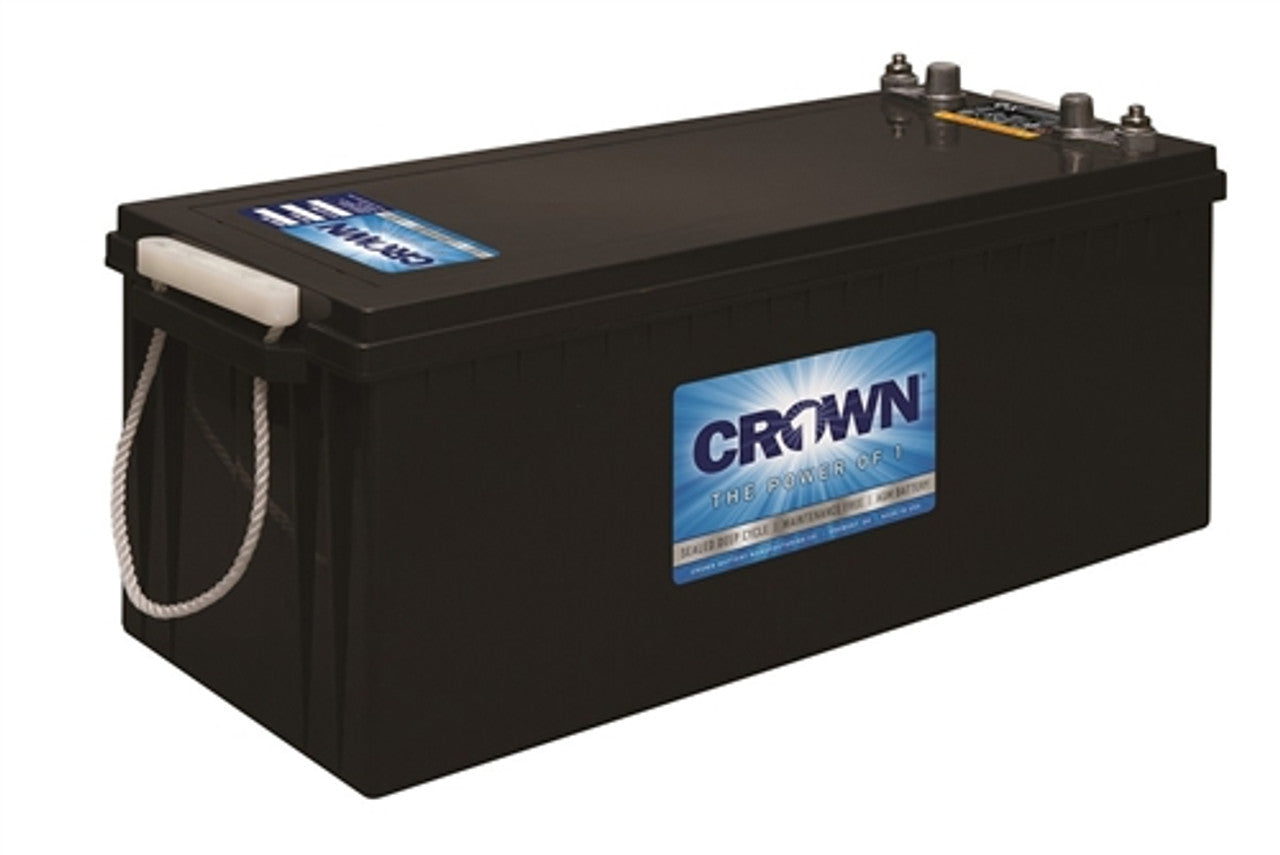 Single product image of a black Crown 12CRV4D deep cycle battery with a label on the front.
