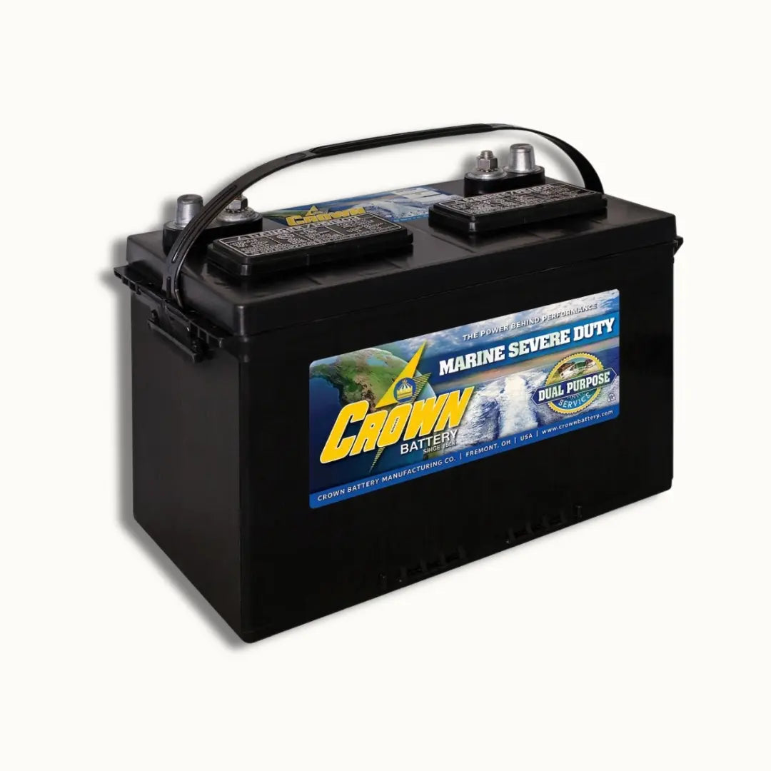 A black Crown Battery marine severe duty ballast battery with a carrying handle, shown on a light off-white background.
