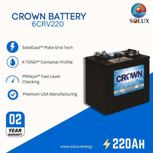 Crown Battery 6CRV220 agm battery by Solux, featuring a black rectangular battery with a blue and white label. The image includes product features, a 2-year warranty badge, and a 220Ah rating on a white and blue background.