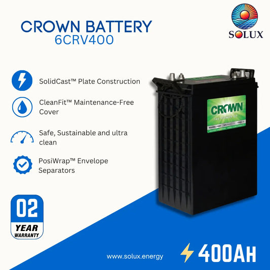Crown Battery 6CRV400 400Ah lithium-ion battery by Solux, shown on a blue and white promotional background with product features and a 02-year warranty badge.