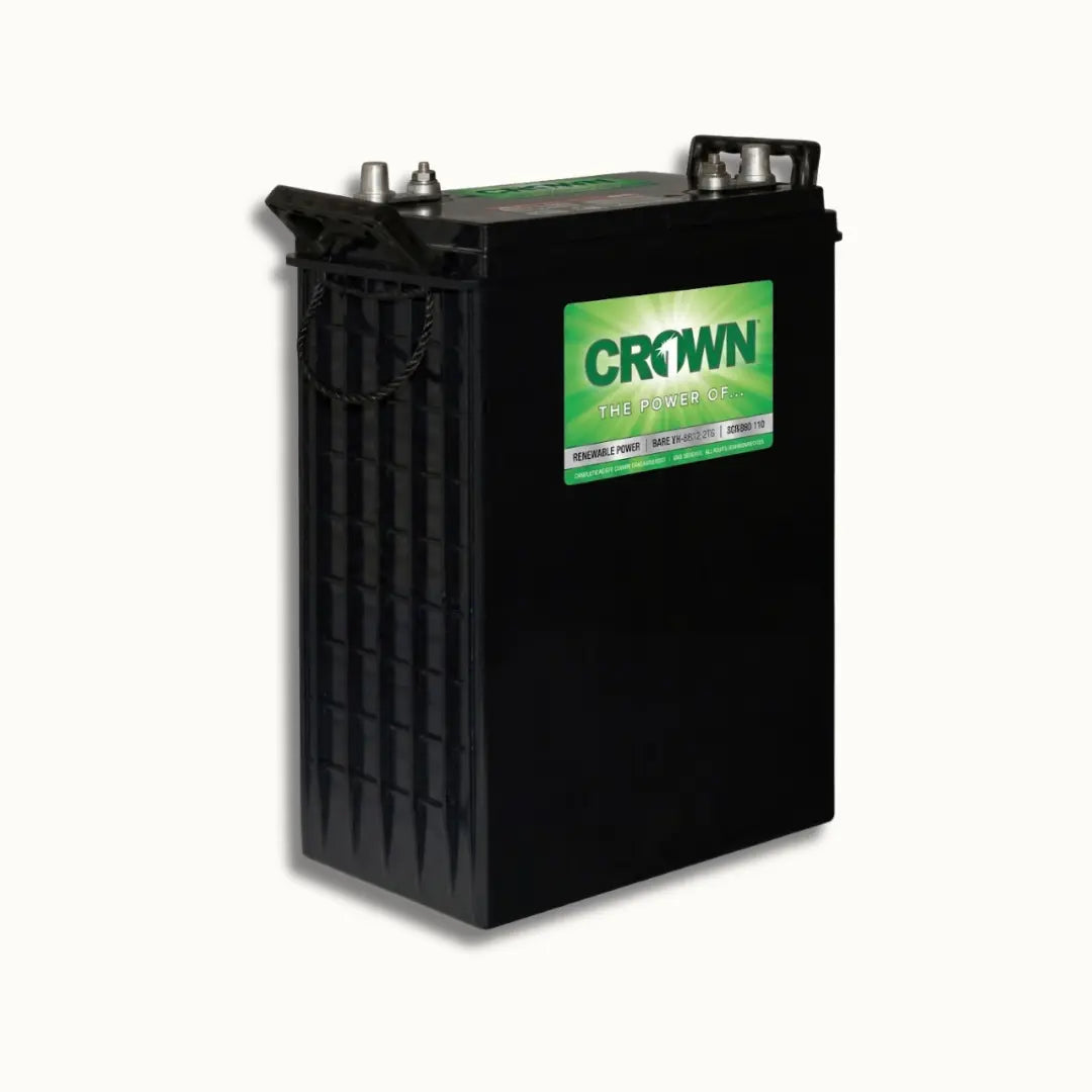 A black Crown Lead Power AGM battery with a green and white brand label, shown on a plain off-white background.