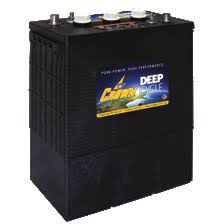 A black Crown deep cycle battery with model and brand information visible on the label.