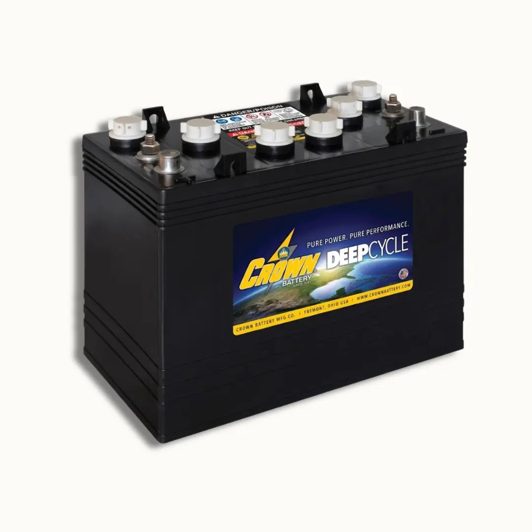 A single product image of black Crown Deep Cycle marine battery with white terminal caps and a blue and yellow front label, shown on a plain off-white background.
