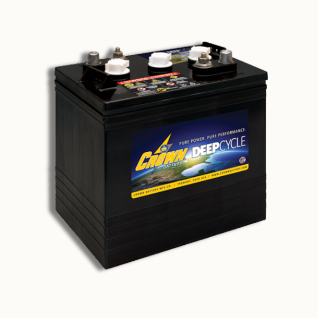 A black Crown Battery Deep Cycle automotive battery with a blue and yellow label, shown on a light off-white background.