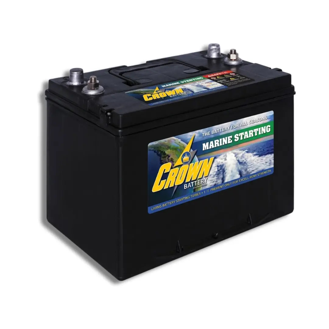 A black Crown Battery marine starting battery with a prominent blue, yellow, and white label on the front, shown on a white background with a soft shadow.