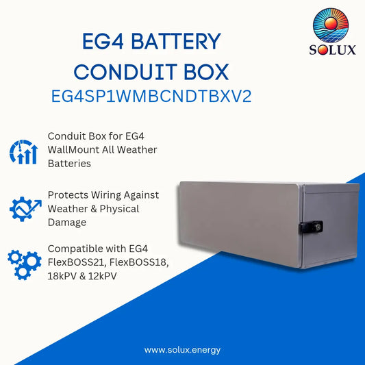 A promotional graphic for a Solux EG4 Battery Conduit Box, model EG4SP1WMBCNDTBXV2. The image features a silver-gray metal conduit box on a blue and white background with text detailing its features and compatibility with EG4 FlexBOSS21, FlexBOSS18, 18kPV, and 12kPV batteries.