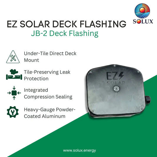 EZ Solar JB-2 Deck Flashing product graphic on a white and green background, showing the metal flashing piece with SOLUX branding and feature callouts including under-tile direct mount, tile-preserving leak protection, integrated compression sealing, and powder-coated aluminum construction.