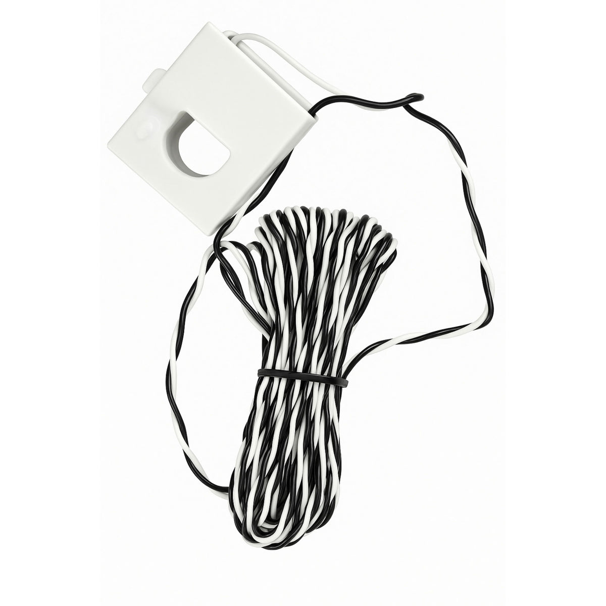 White electronic device with black cable on a white background