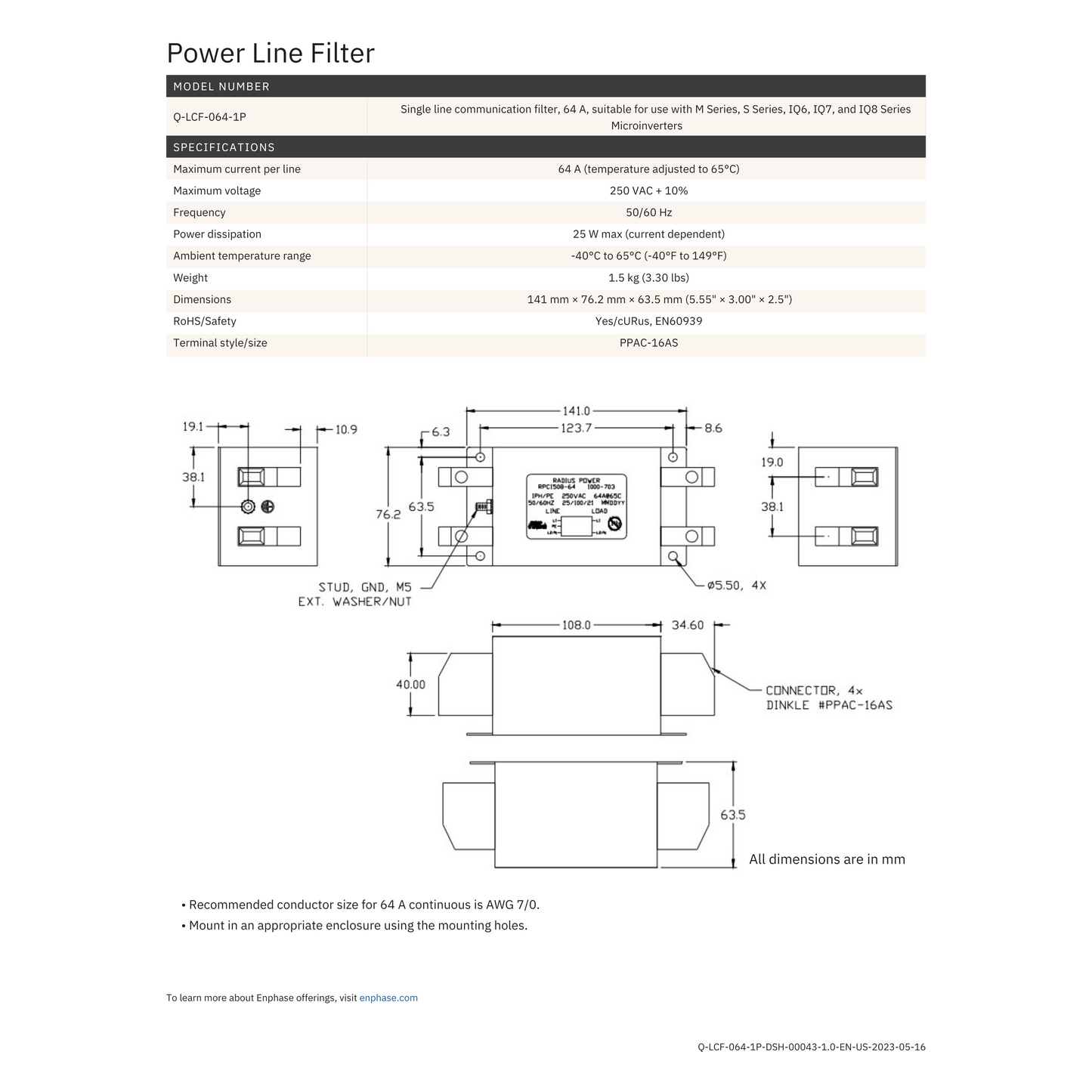 Q-LCF-064-1P enphase line communication filter
