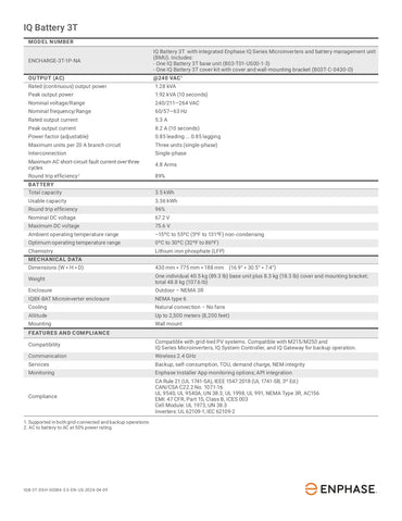 B03-T01-US00-1-3 ac energy storage datasheet for Enphase IQ Battery 3T, listing technical specs and output ratings.
