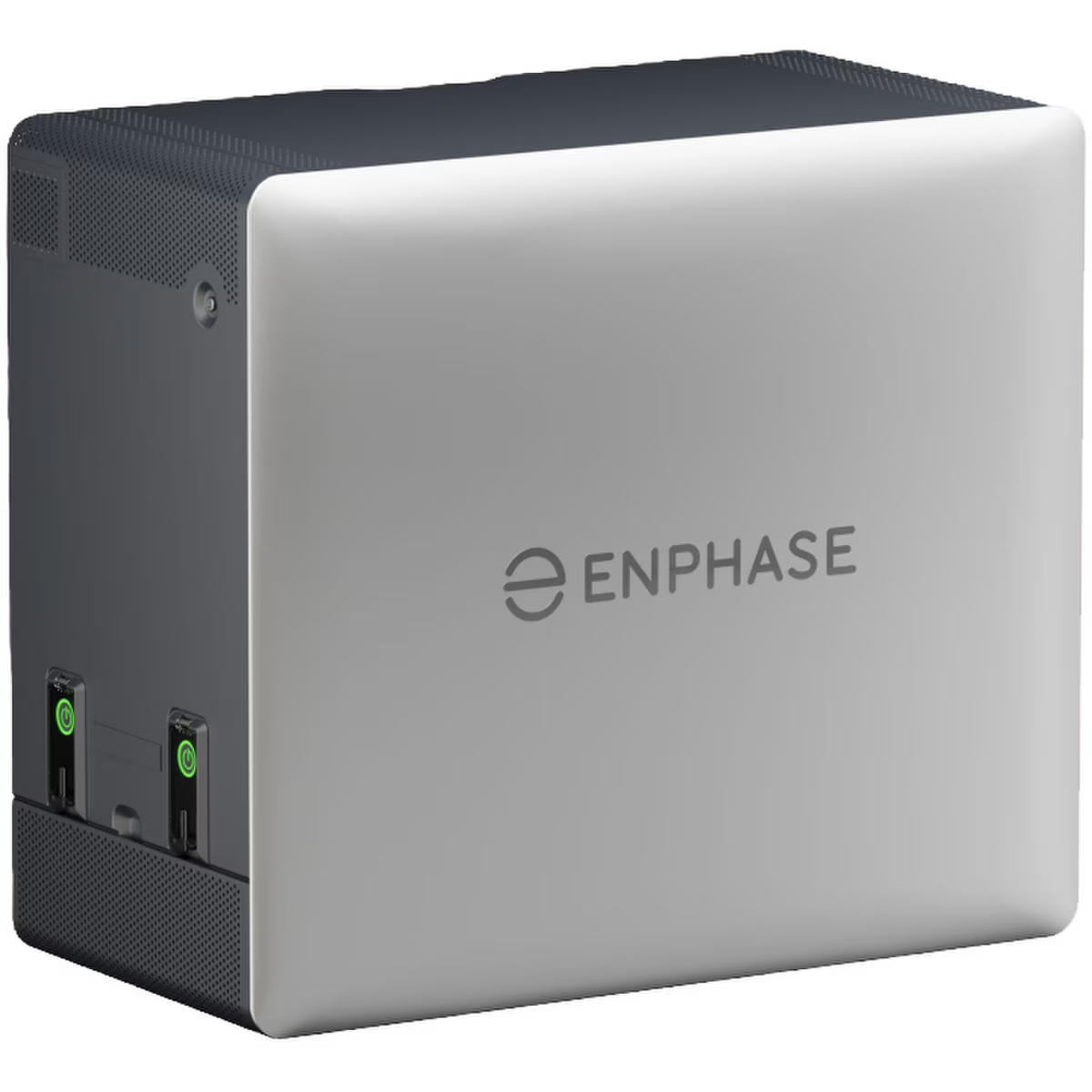 Product Image of B10C-NC-0708-O-DOM, an Enphase battery with silver front, green port lights, and central logo.