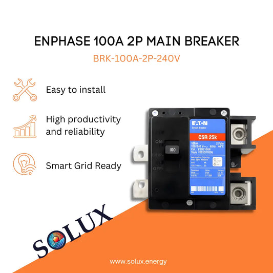 Enphase 100 amp Main Breaker BRK-100A-2P-240V graphic: Easy install, high reliability, and Smart Grid Ready.