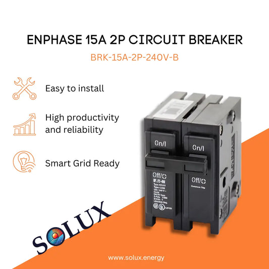 Enphase Black Circuit Breaker 15A 2P BRK-15A-2P-240V-B graphic: Easy to install and Smart Grid Ready.