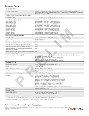 IQ Combiner 5/5C datasheet listing specifications, compatible circuit breakers, and cellular modem options.