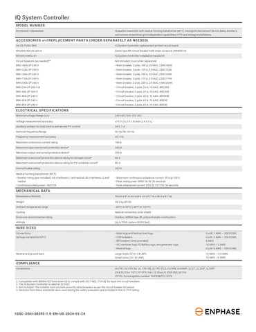 Datasheet for components like BRK-20A-2P-240V-10 provide branch circuit overcurrent protection and Enphase IQ accessories.