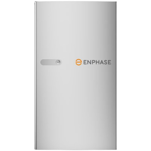 Product image of IQBAT-5P-1P-NA-DOM, a sleek silver Enphase IQ Battery 5P with central logo and green status LED.