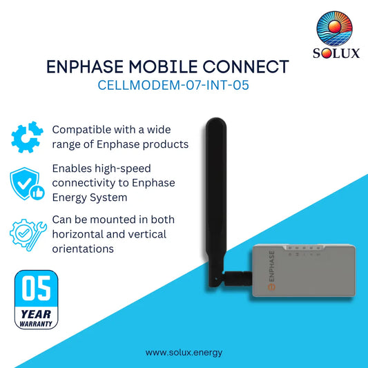 A promotional product graphic for the Solux CellModem-07-Int-05 Enphase Mobile Connect device. The image features a gray rectangular power adapter with a black antenna on a white and blue background, accompanied by text detailing compatibility, high-speed connectivity, and mounting options, along with a 5-year warranty badge and the Solux logo.