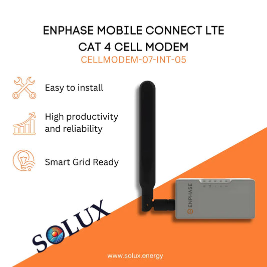 Enphase Mobile Modem 4G LTE CELLMODEM-07-INT-05 graphic showing LTE Cat 4 hardware and key installation benefits.