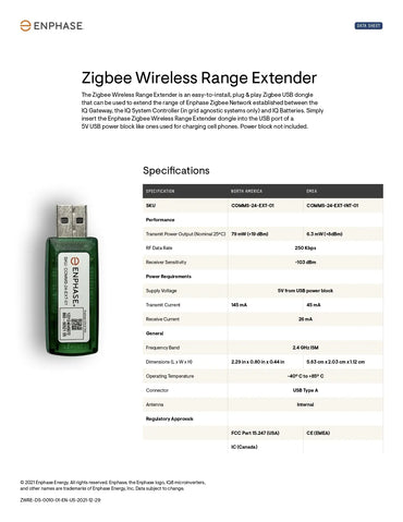 A product specification sheet for the Enphase Zigbee Wireless Range Extender, featuring a small green and white USB dongle on the left and a detailed table of technical specifications on the right against a white background.