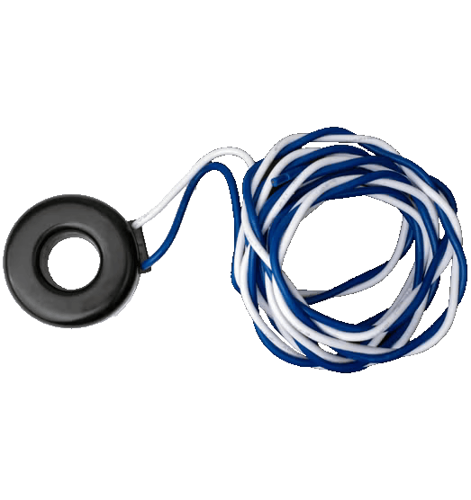 Product Image of CT-400-SOLID: A black solid-core current transformer with coiled blue and white wires.