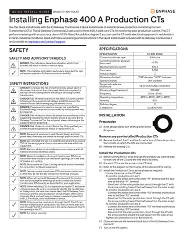 Installation guide for CT-400-SOLID iq solid core current transformer, listing safety, specs, and instructions.