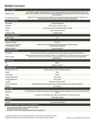 CELLMODEM-07-NA-05 4g lte cellular modem datasheet with LTE CAT 4 specs, 5-year data plan, and IQ Gateway compatibility.