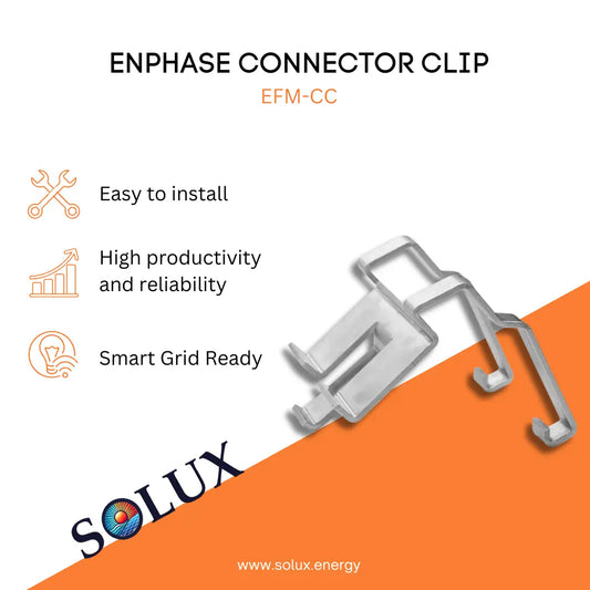 Enphase Connector Clip (EFM-CC) graphic: Easy to install, reliable, and Smart Grid Ready for cable management.