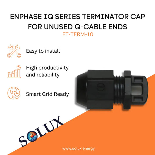 Enphase Terminator Cap (ET-TERM-10) graphic: Easy to install, reliable, and Smart Grid Ready for unused Q-Cable ends.