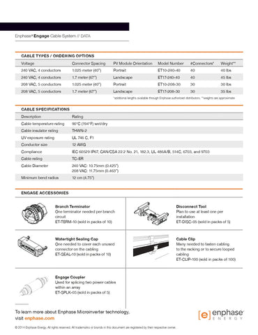 Data sheet for ET10-208-BULK enphase portrait cable, including cable specifications and Engage system accessories.