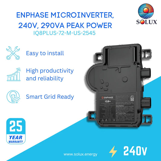 Enphase iq8plus microinverter (IQ8PLUS-72-M-US-2545) with 290VA peak power, 240V, and 25-year warranty.