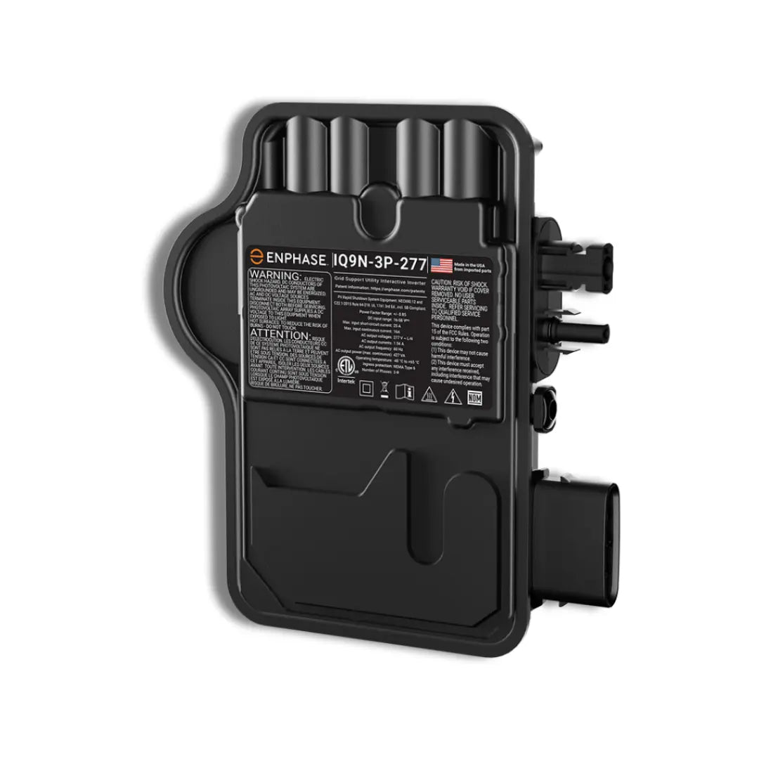 Product image of IQ9N-3P-277-A-DOM-US, an Enphase black commercial microinverter, Domestic Content, made in the USA.