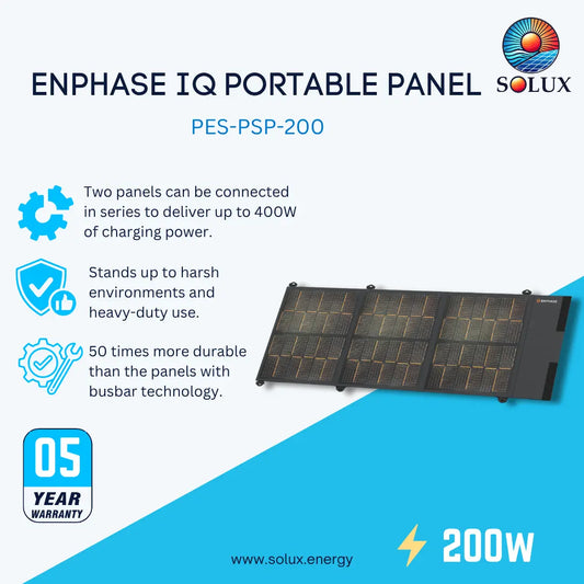 Promotional graphic for the Solux Enphase IQ Portable Panel PES-PSP-200, showing the black foldable solar panel on a light background with feature icons and text about 200W power, series connection, durability, and a 5-year warranty.