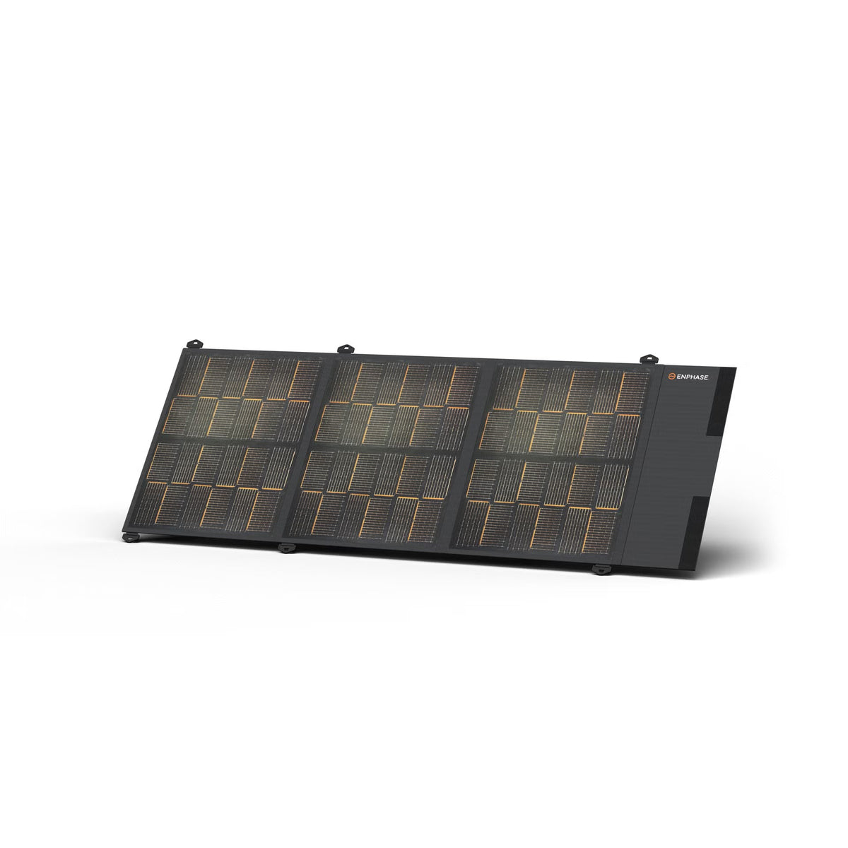 A portable foldable solar panel in black with gold-colored grid lines, shown at an angle on a clean white background. The brand name 'Enphase' is visible in orange on the upper right corner of the panel frame.