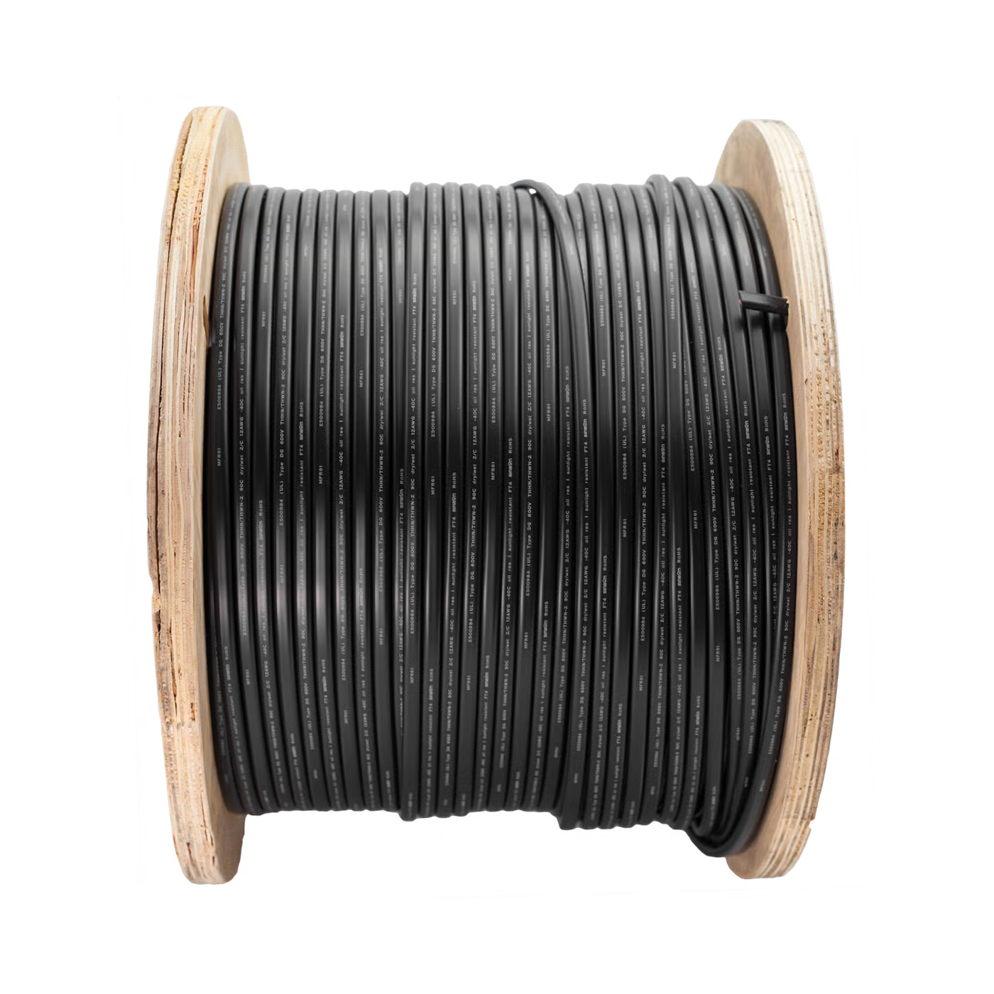 Product Image of Q-12-RAW-200FT: Angled view of black cable wound on a light-wood spool.