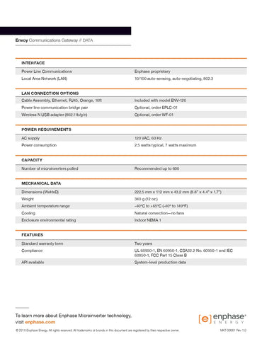 Data sheet for WF-01 usb wifi adaptor showing technical specifications for Enphase Envoy communications gateways.
